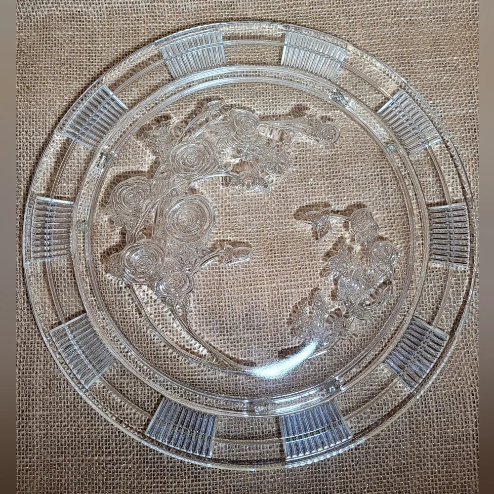 1930s Federal Clear Depression Glass Sharon Cabbage Rose Footed Cake Plate Stand